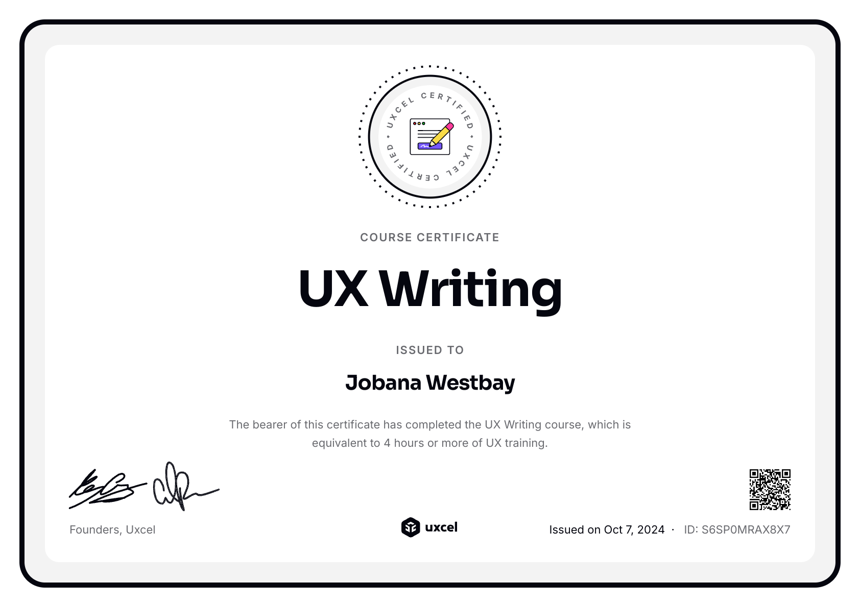 Jobana Westbay's certificate